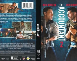 The Accountant 2 DVD cover showing two men with rifles, title vertical along the spine against a dark blue background.