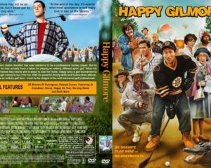 Movie poster for Happy Gilmore featuring Adam Sandler as a hockey-playing golfer, with a crowd and beach backdrop on the right and the title across the top left edge.