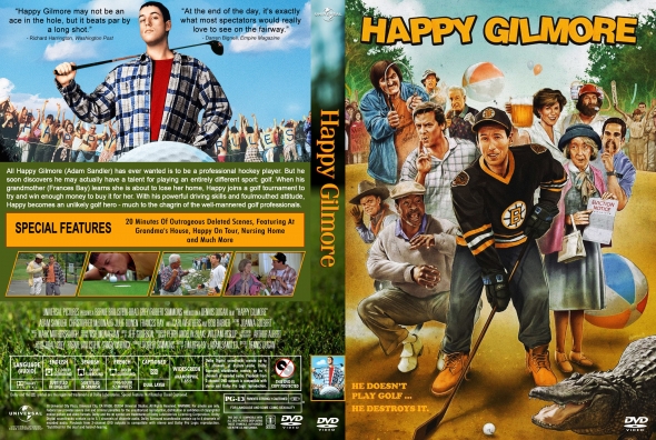 Movie poster for Happy Gilmore featuring Adam Sandler as a hockey-playing golfer, with a crowd and beach backdrop on the right and the title across the top left edge.