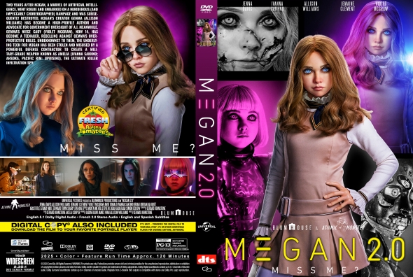 DVD cover for MEGAN 2.0 featuring a girl in a tan dress with hands on hips, a purple-pink glow, and a collage of portrait images; title MEGAN 2.0 prominently displayed with the subtitle MISS ME? and production logos along the bottom.