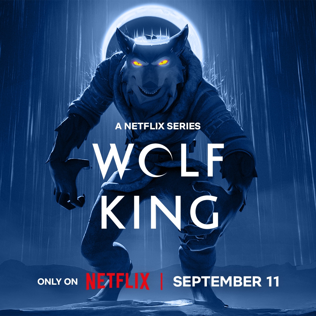 Blue-toned promotional poster featuring a snarling werewolf crouching in rain, glowing eyes, with text 'WOLF KING' and 'Netflix' release info.