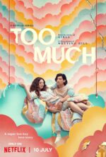 Poster for a Netflix series titled 'Too Much' featuring a couple lying on a pastel quilt on a cloud-shaped swing against a colorful, cloudy background.
