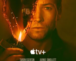 Promotional Apple TV+ poster for a show called Smoke, with a man's close-up face overlaid by a burning split image of a woman and flames, plus 'New Series June 27' text.