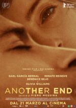 Close-up of a person’s face wearing an oxygen tube, film poster for 'Another End' with credits along the bottom.