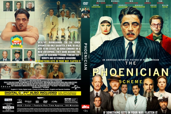 Front cover of a DVD for 'The Phoenician Scheme' featuring a stern man in a suit in the foreground with the ensemble cast in a collage behind him.