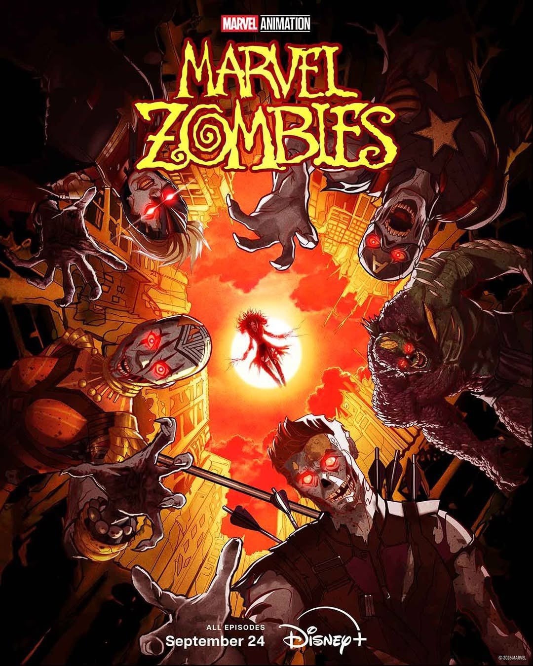 Marvel Zombies poster with red sky and a central silhouette surrounded by glowing-eyed zombies, Disney+ branding at bottom.