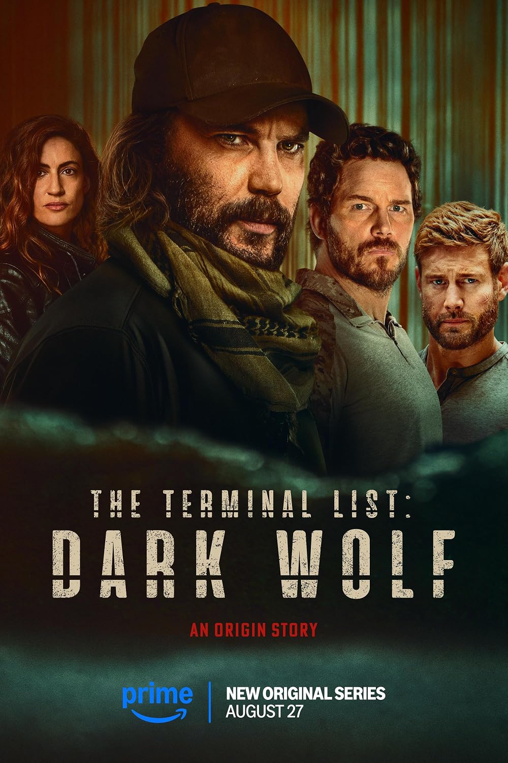 Promotional poster for Prime original series 'Dark Wolf': four rugged characters posing together, with the title and release info at the bottom.