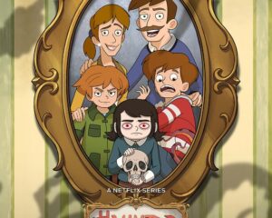 Poster for Netflix's Haunted Hotel: a family portrait inside an ornate gold mirror frame against striped wallpaper, the girl in front holds a skull, conveying a spooky vibe.