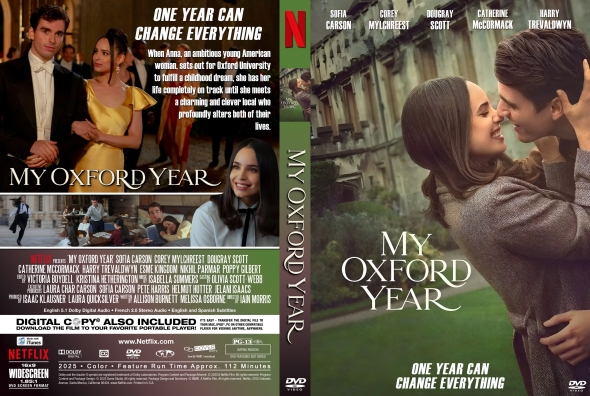 Double-panel DVD cover for 'My Oxford Year': front shows a couple embracing outdoors with the title; back features collage and the tagline 'One year can change everything'.