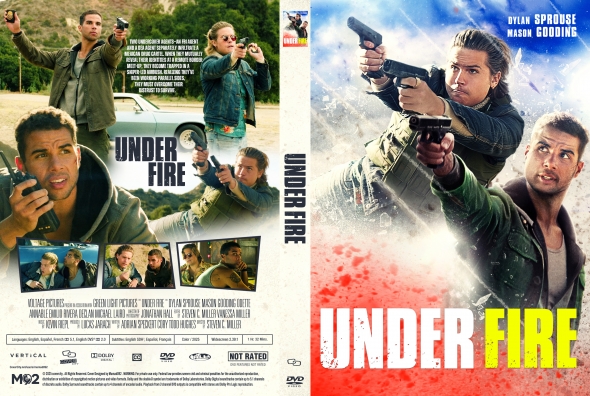 Front and back DVD cover of 'Under Fire' featuring gun-wielding characters in action scenes and the title prominently displayed on the front.