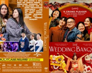 DVD cover for The Wedding Banquet featuring a multiethnic group in festive attire around a couple in the foreground, with bold red and orange colors.