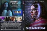 Front/back movie cover for Somnium: the front shows a woman in a pink striped shirt with purple electric lightning across her face, the title 'SOMNIUM' at the bottom and the cast on the top; the spine reads 'SOMNIUM'. The back panel features a frightened woman in a dark room at top left, a tagline block, and a strip of film stills with a credits row at the bottom.