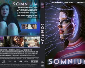 Front/back movie cover for Somnium: the front shows a woman in a pink striped shirt with purple electric lightning across her face, the title 'SOMNIUM' at the bottom and the cast on the top; the spine reads 'SOMNIUM'. The back panel features a frightened woman in a dark room at top left, a tagline block, and a strip of film stills with a credits row at the bottom.