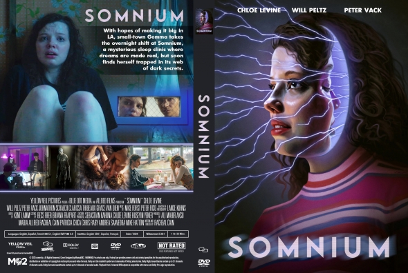 Front/back movie cover for Somnium: the front shows a woman in a pink striped shirt with purple electric lightning across her face, the title 'SOMNIUM' at the bottom and the cast on the top; the spine reads 'SOMNIUM'. The back panel features a frightened woman in a dark room at top left, a tagline block, and a strip of film stills with a credits row at the bottom.