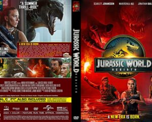 Front and back cover of a Jurassic World DVD case: the front features a red poster with a large dinosaur emblem and armed characters emerging from water, the slogan 'A New Era Is Born'; the back shows a collage of action scenes and cast/credits text.