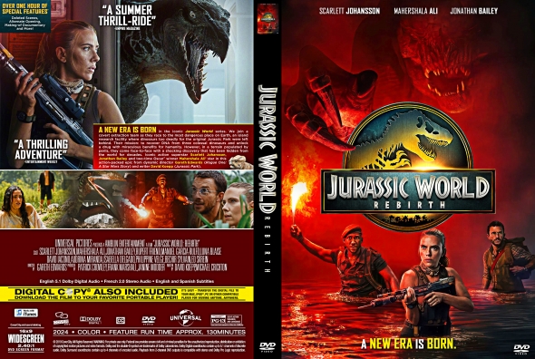 Front and back cover of a Jurassic World DVD case: the front features a red poster with a large dinosaur emblem and armed characters emerging from water, the slogan 'A New Era Is Born'; the back shows a collage of action scenes and cast/credits text.