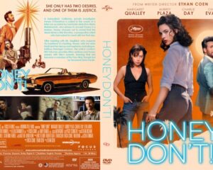 Movie poster for Honey Don’t! showing two women in the foreground on the right, a vintage convertible and palm trees, plus a character collage on the left.