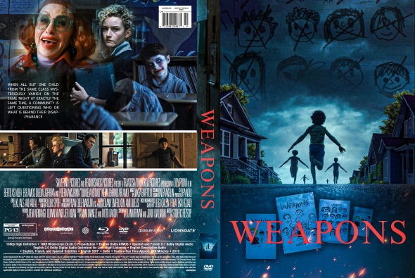 Front cover of the Blu-ray/DVD for the film Weapons: a blue-night suburban scene with children and the red title WEAPONS.