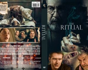 Front and back DVD cover for The Ritual: front features four men in a dark forest setting with the title prominently displayed; back shows character close-ups and a forest-horror scene with cast and credits.