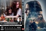 DVD cover and spine for 'What We Hide': blue-toned front with two women's profiles, collage of family scenes on the back, and the film title on the spine.