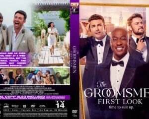 DVD cover for 'The Groomsmen: First Look' featuring a handsome group in tuxedos; tagline 'time to suit up' and cast names visible on the right panel.