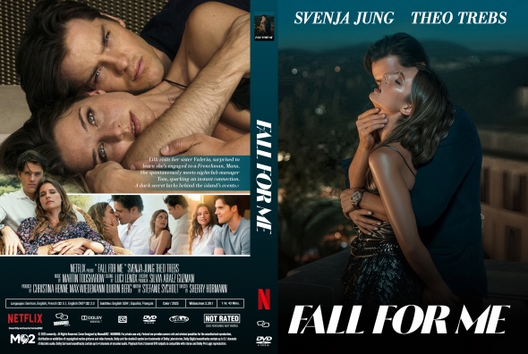 Romantic film cover for Fall For Me: a couple embraces at night, with the title and actors Svenja Jung and Theo Trebs visible.