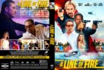 Promotional poster for A Line of Fire: action-packed scene with characters aiming weapons, tropical beach backdrop, and bold yellow title on the lower right.