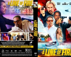 Promotional poster for A Line of Fire: action-packed scene with characters aiming weapons, tropical beach backdrop, and bold yellow title on the lower right.