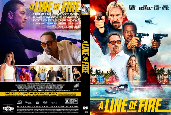 Promotional poster for A Line of Fire: action-packed scene with characters aiming weapons, tropical beach backdrop, and bold yellow title on the lower right.