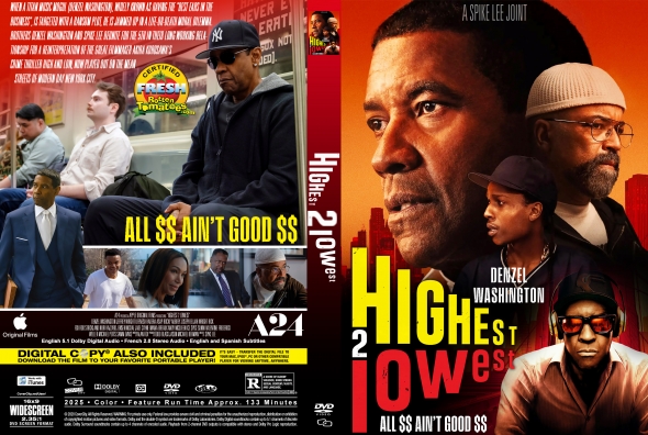 DVD cover for a Spike Lee joint titled 'Highest West 2' featuring Denzel Washington and cast, with an orange-red front and bold yellow title; back cover shows a group of people seated and the tagline 'All $$ Ain't Good $$'.