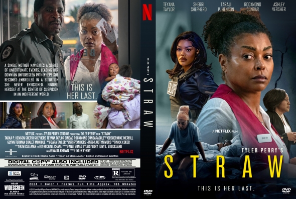 Front cover: a close-up of a Black woman in a pink scrubs top, with other characters in the background and the title STRAW in bold yellow letters on the right side.