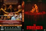 DVD cover for The Surrender: dark horror film with a ritual circle of candles and a frightened woman on stage, red title at bottom showin̄g ‘The Surrender’.