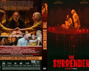 DVD cover for The Surrender: dark horror film with a ritual circle of candles and a frightened woman on stage, red title at bottom showin̄g ‘The Surrender’.