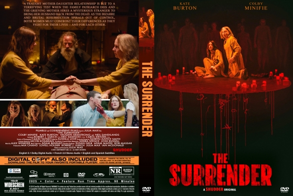 DVD cover for The Surrender: dark horror film with a ritual circle of candles and a frightened woman on stage, red title at bottom showin̄g ‘The Surrender’.