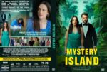 DVD cover for Mystery Island featuring a woman in a turquoise dress against a tropical jungle backdrop and bold yellow title 'MYSTERY ISLAND' with a suited man nearby.