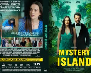 DVD cover for Mystery Island featuring a woman in a turquoise dress against a tropical jungle backdrop and bold yellow title 'MYSTERY ISLAND' with a suited man nearby.