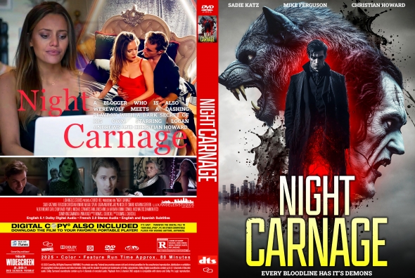 DVD cover for 'Night Carnage' showing a collage of scenes with a red title on the left and a man facing a snarling wolf on the right, dramatic colors.
