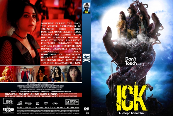 Front cover of the film ICK: Don't Touch, showing a monstrous hand grabbing a group of people against a blue sky; bold yellow ICK title.