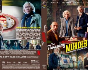 Front poster for The Thursday Murder Club Netflix film: a group of older adults around a table with a cake and a knife, implying a cozy mystery.
