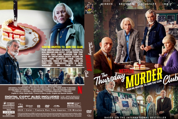 Front poster for The Thursday Murder Club Netflix film: a group of older adults around a table with a cake and a knife, implying a cozy mystery.