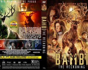 DVD cover for 'Bambi: The Reckoning' featuring a menacing stag in a forest with humans nearby; tagline 'It's hunting season' and the title across the front; back shows cast list and rating