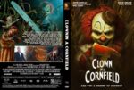 Movie cover for Clownin a Cornfield: horror thriller with a menacing clown holding a machete, dark cornfield backdrop, and bold title text on the right panel.