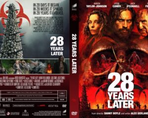 DVD cover for '28 Years Later' featuring a fiery red zombie-infested skyline with a towering biohazard symbol and the title '28 Years Later' in bold white letters on the front and spine, hinting at a post-apocalyptic infection story.