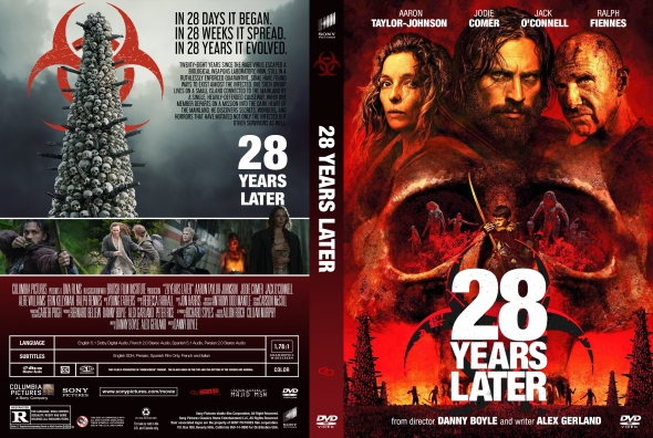 DVD cover for '28 Years Later' featuring a fiery red zombie-infested skyline with a towering biohazard symbol and the title '28 Years Later' in bold white letters on the front and spine, hinting at a post-apocalyptic infection story.