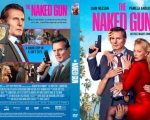 Movie poster for The Naked Gun showing Leslie Nielsen and Pamela Anderson embracing against a bright pink title and tropical background; the film title appears in bold pink letters.
