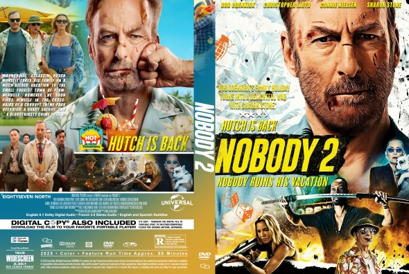 Dual-view DVD cover for Nobody 2 featuring a close-up of the main man with intense expression on the right and a collage of action scenes and cast on the left, bold yellow title NOBODY 2, and the tagline Nobody Runs His Vacation.