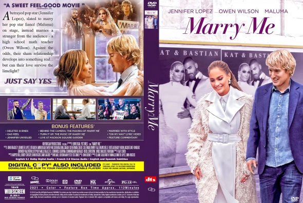 DVD cover for Marry Me featuring Jennifer Lopez and Owen Wilson walking together, with a purple title and cast names on the side.