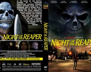 DVD cover art for Night of the Reaper: left panel shows a blue skull-faced figure and a hooded silhouette with a blade; bold yellow title, and small character images beneath, while the right panel features a lone figure on a foggy street with a large skull image looming above.