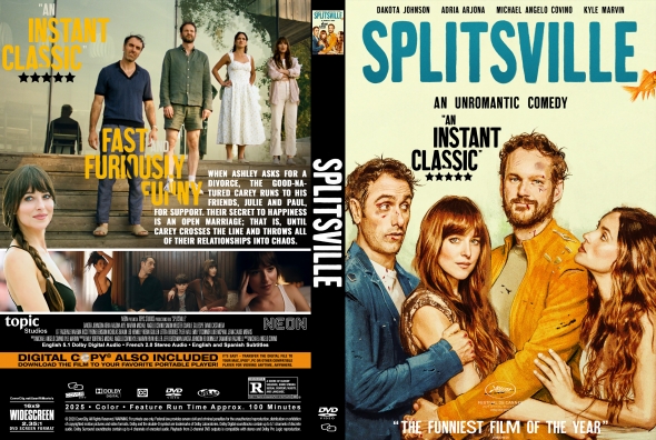 Double-sided DVD cover for the comedy Splitville; front shows a group of adults posing while the back displays cast and promotional text.