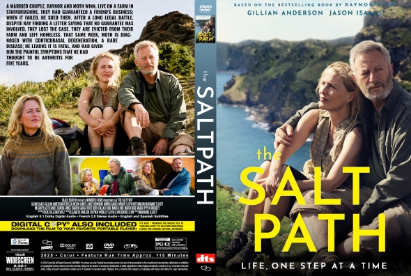 Front cover of The Salt Path DVD: a couple sits by a rocky coastline, bold yellow text SALT PATH, subtitle 'Life, One Step at a Time' visible by the sea.
